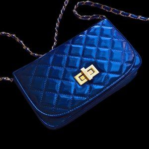 Quilted Blue Patent Leather Chain Strap Crossbody Shoulder Flap Bag